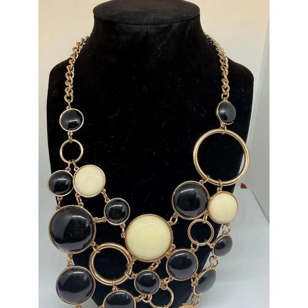 R.J. Graziano Black Cream Statement Necklace Gold Tone Chunky Bib Signed Jewelry